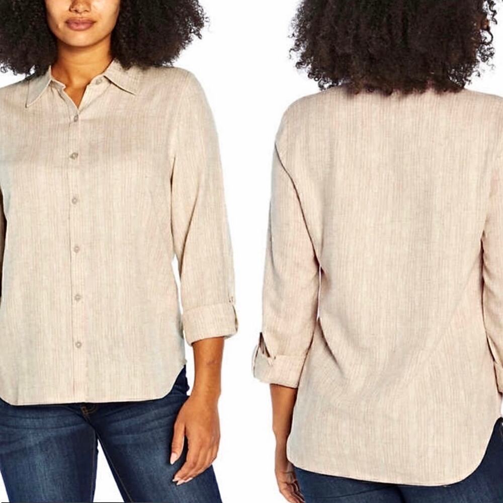 NWT Orvis Women's Oatmeal Long Sleeve Linen Blend Button Down Top Size Medium